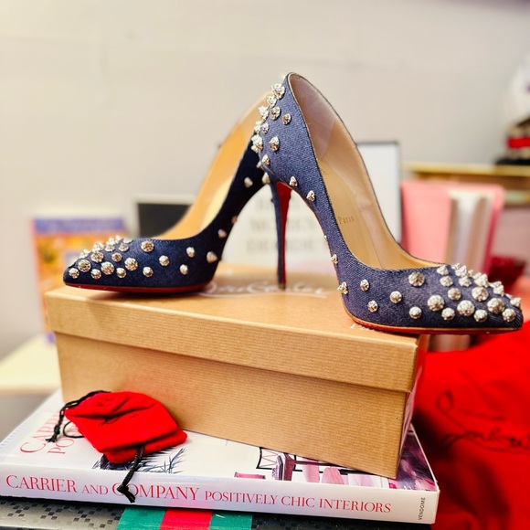 Christian Louboutin Shoes - CHRISTIAN LOUBOUTIN Aimantaclou 100 Studded Denim Pumps